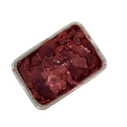 Chicken Liver Fresh Frozen - 400 grams in a plastic container filled with fresh chicken livers.