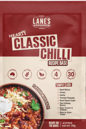 Lane's Hearty Classic Chilli Recipe Base packaging featuring bold design and cooking instructions.
