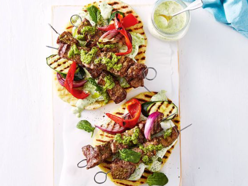 Pesto Sirloin Skewers with Grilled Vegetables & Pesto Flatbreads