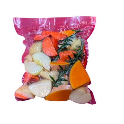 Roast Veggie Pack - Oven Ready, a colorful mix of prepped vegetables in a clear packaging ready for roasting.