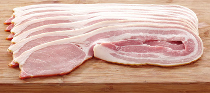 Sliced Bacon Full Rash Rindless on a wooden cutting board, showcasing its delicious texture and color.
