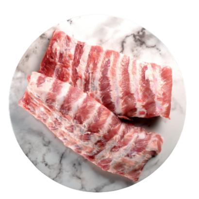Borrowdale Twin Pack Meaty Frozen Pork Ribs displayed on marble surface.