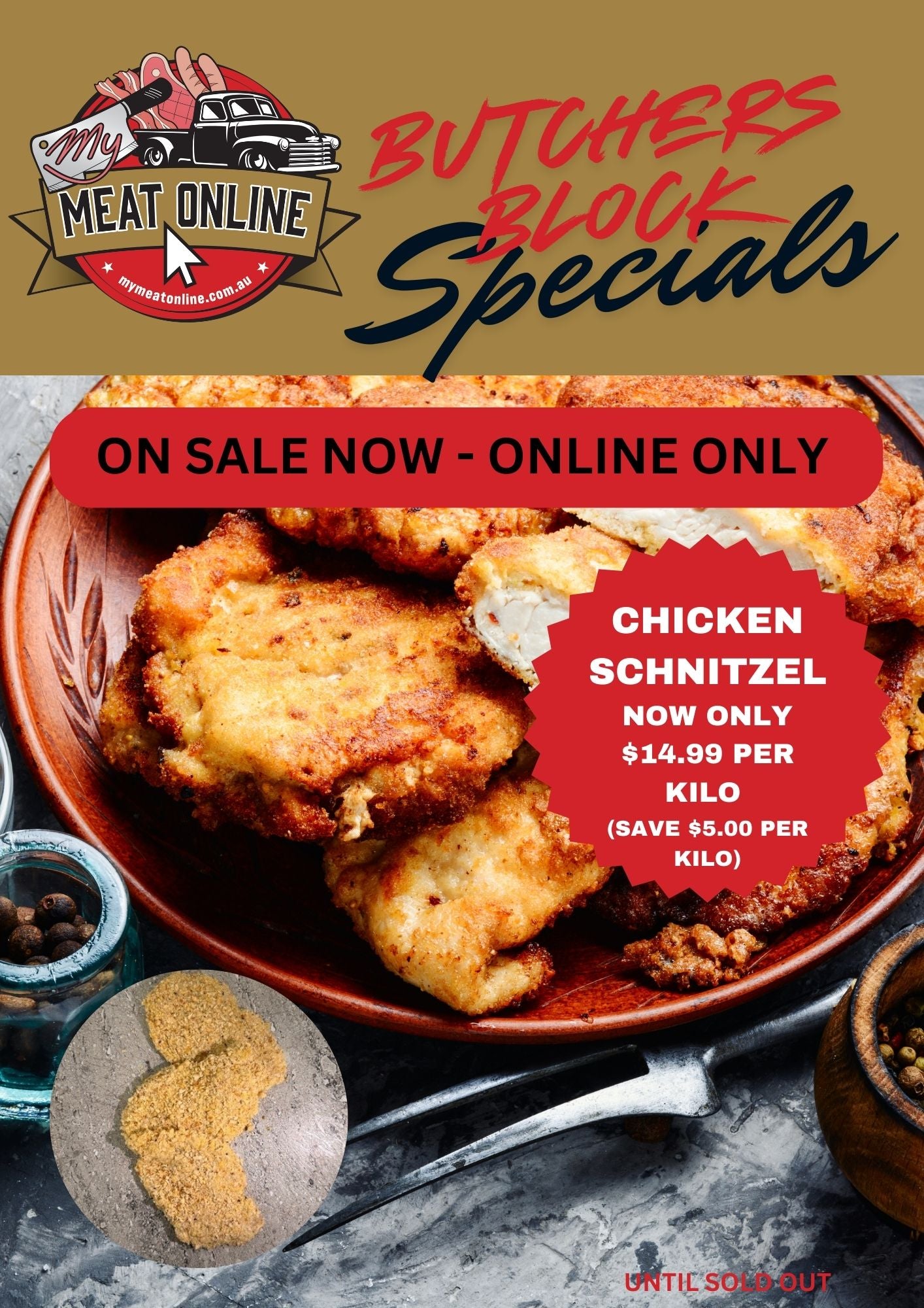 Chicken Breast Crumbed Schnitzel - 1kg (SAVE $5.00 PER KILO NOW ONLY $14.99 PER KILO)