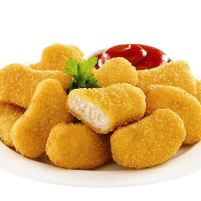 Crumbed Chicken Breast Nuggets with ketchup on a plate, showcasing golden crispy texture and premium chicken.