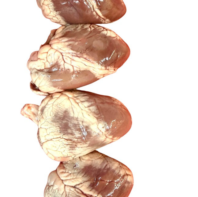 Lamb Hearts - 3 for $5, showing rich texture and color, perfect for cooking.
