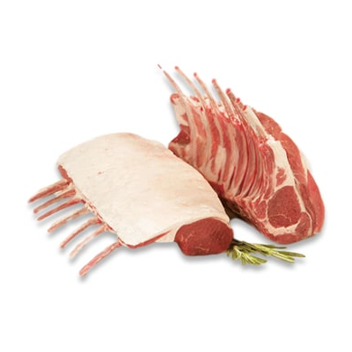 Lamb Rack Roast - 6-8 Rib showcasing tender cuts with a rosemary garnish.