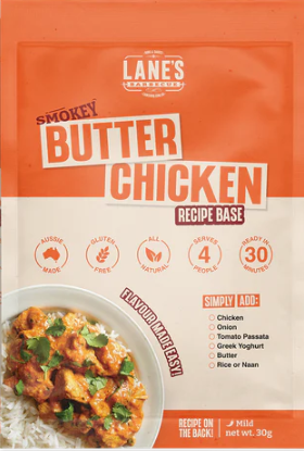 Lane's Smokey Butter Chicken Recipe Base packaging featuring classic butter chicken, ready in under 30 minutes.