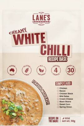 Lane's Creamy White Chilli Recipe Base package featuring a creamy chili dish, gluten-free, ready in under 30 minutes.