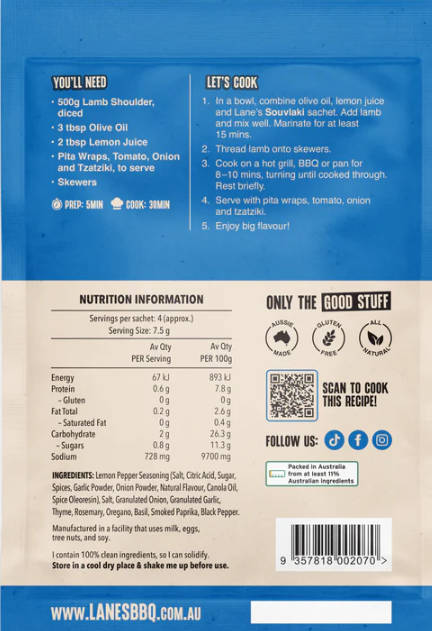 Back packaging of Lane's Herby Souvlaki Recipe Base with cooking instructions and nutritional information.