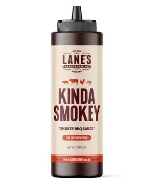 Lane's Kinda Smokey Sauce bottle showcasing rich BBQ flavor and smooth finish, perfect for enhancing meals.