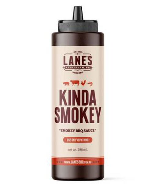 Lane's Kinda Smokey Sauce bottle showcasing rich BBQ flavor and smooth finish, perfect for enhancing meals.