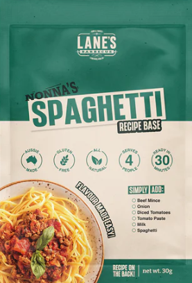 Lane's Nonna's Spaghetti Recipe Base packaging with pasta dish and ingredients, ready in 30 minutes for 4 people.