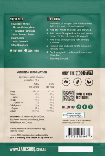 Back of the package for Lane's Nonna's Spaghetti Recipe Base showing ingredients and cooking instructions.