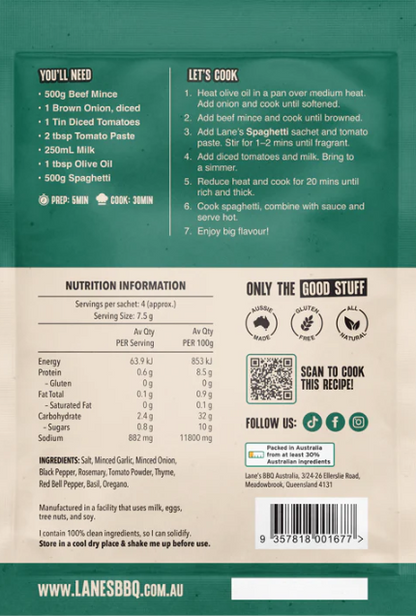 Back of the package for Lane's Nonna's Spaghetti Recipe Base showing ingredients and cooking instructions.