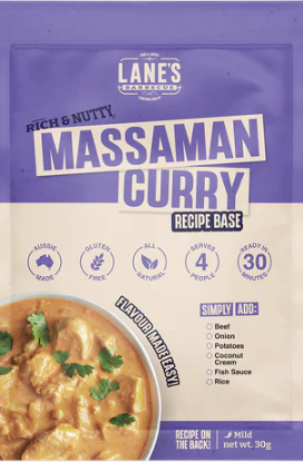Lane's Rich & Nutty Massaman Curry Recipe Base package showcasing creamy curry dish, serving size, and preparation details.