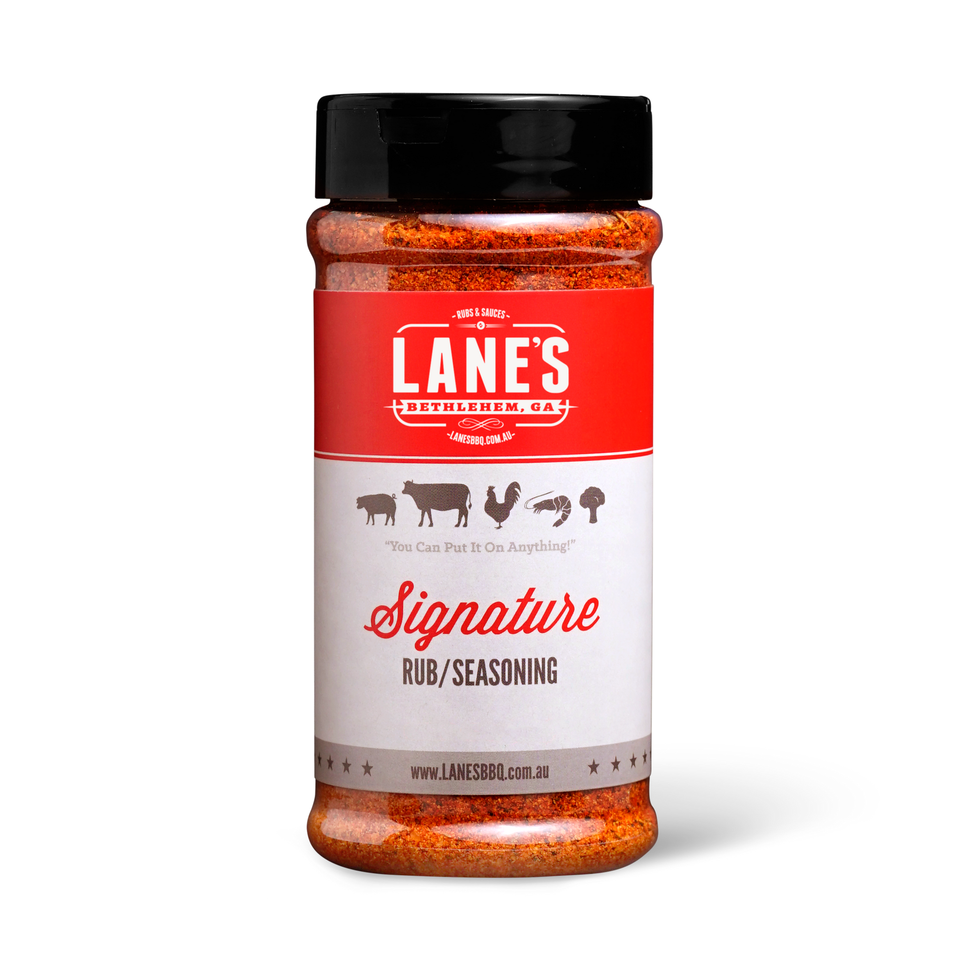 Lane's Signature Rub seasoning jar perfect for BBQ and cooking, featuring balanced flavors and versatility.