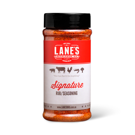 Lane's Signature Rub seasoning jar perfect for BBQ and cooking, featuring balanced flavors and versatility.