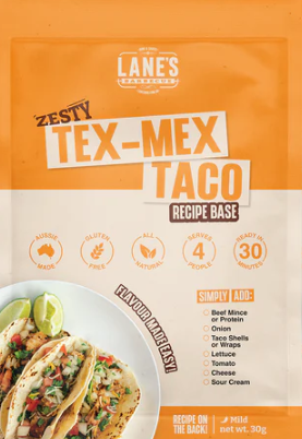 Lane's Zesty Tex Mex Taco Recipe Base packaging with taco ingredients and preparation details.