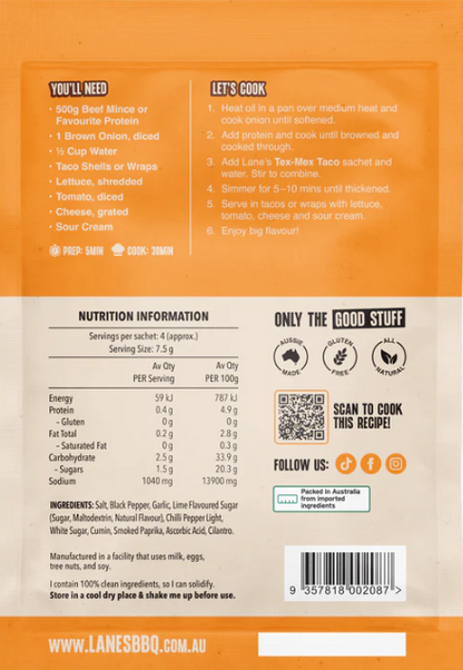 Back packaging of Lane's Zesty Tex Mex Taco Recipe Base with cooking instructions and nutrition information.