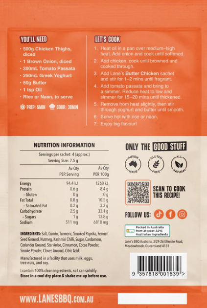 Lane's Smokey Butter Chicken Recipe Base packaging with cooking instructions and ingredients laid out.