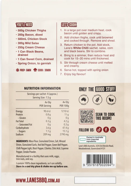 Lane's Creamy White Chilli Recipe Base cooking instructions and ingredients list on the back of the package.