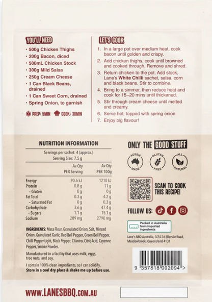 Lane's Creamy White Chilli Recipe Base cooking instructions and ingredients list on the back of the package.