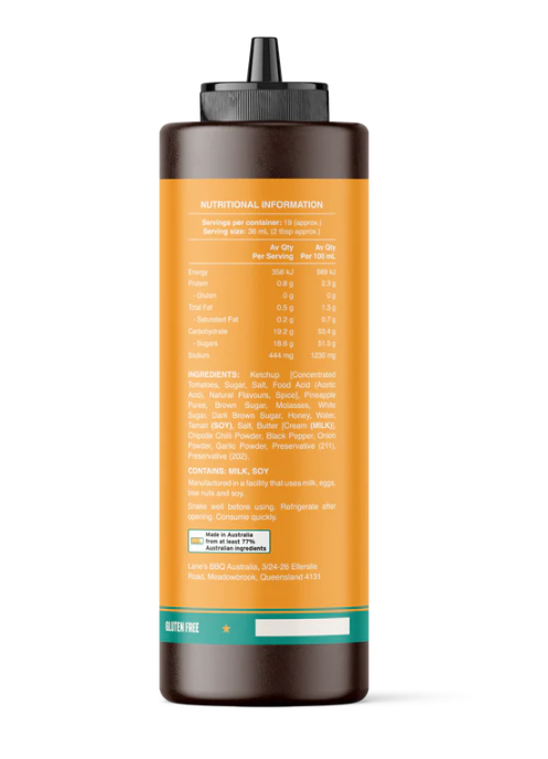 Nutritional information and ingredients of Lane's Pineapple Chipotle Sauce in a squeeze bottle.