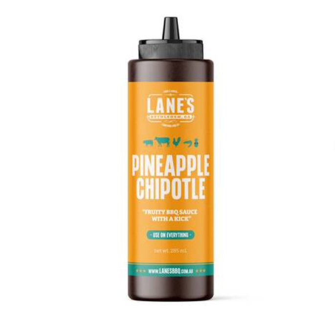Lane's Pineapple Chipotle Sauce bottle featuring fruity BBQ label and squeeze top.