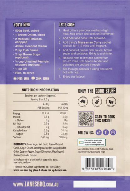 Lane's Rich & Nutty Massaman Curry Recipe Base cooking instructions and ingredients on the back of the package