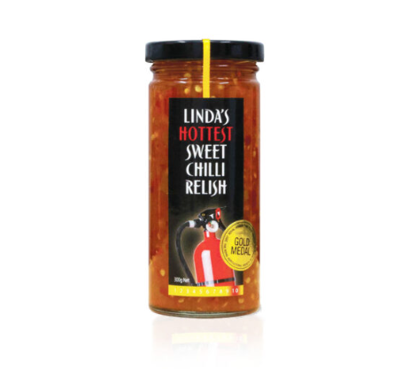 Linda's Hottest Sweet Chilli Relish jar featuring a vibrant label and bright chili contents.