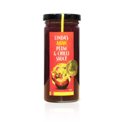 Linda's Asian Plumb & Chilli Sauce in glass jar with gold medal label, showcasing sweet and tangy flavors.