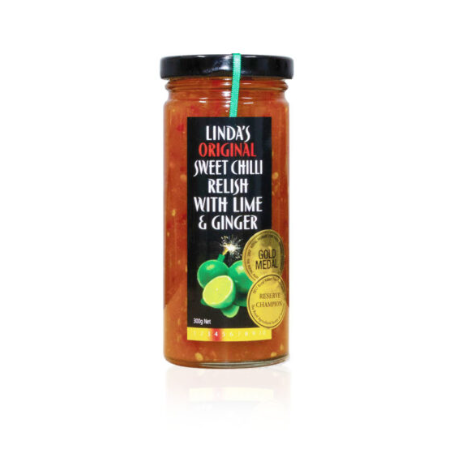 Linda's Sweet Chilli Relish with Lime & Ginger in a clear glass jar with a gold medal label