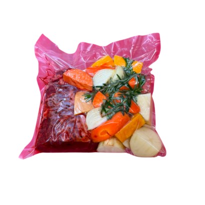 Roast Beef and Veggie Pack featuring seasoned beef and fresh vegetables in an oven-ready bag for easy dinner preparation.