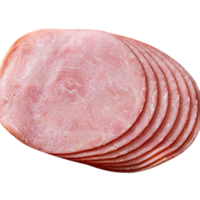 Sliced Ham 1kg, freshly sliced ham shown in a stack, perfect for sandwiches and everyday meals.