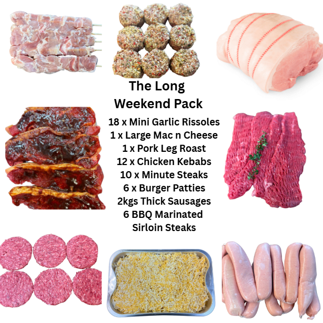 The Long Weekend Pack - Perfect for Families & BBQ Lovers featuring various meats and BBQ items.