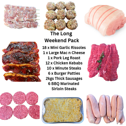 The Long Weekend Pack - Perfect for Families & BBQ Lovers featuring various meats and BBQ items.