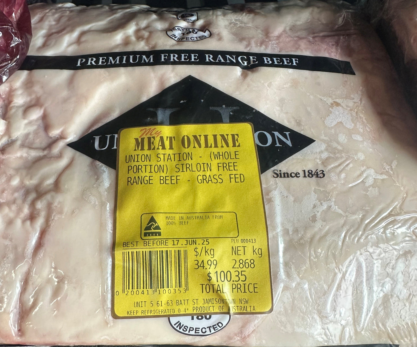 Union Station - (whole portion) Sirloin Free Range Beef - Grass Fed - 2.868kg