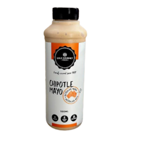 Gold Gourmet Chipotle Mayo bottle featuring creamy and smoky flavor for enhancing meals.