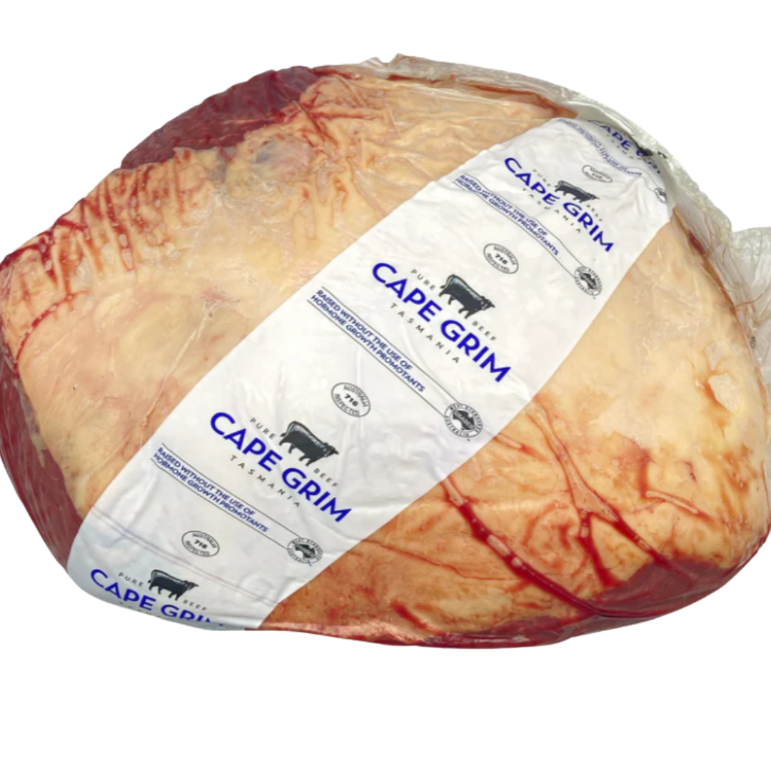 Cape Grim Whole Rump packaged in vacuum-sealed plastic, showcasing premium Tasmanian grass-fed beef.