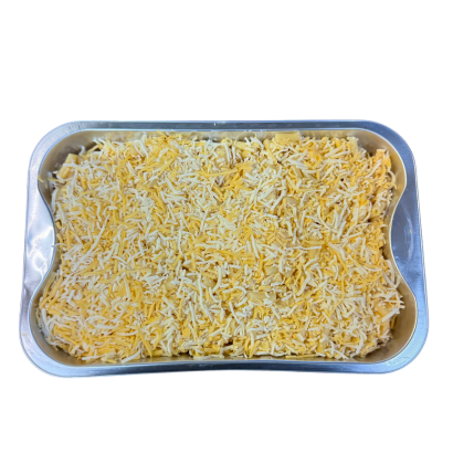 Tray of mac n cheese ready for cooking, ideal for BBQs and family gatherings.
